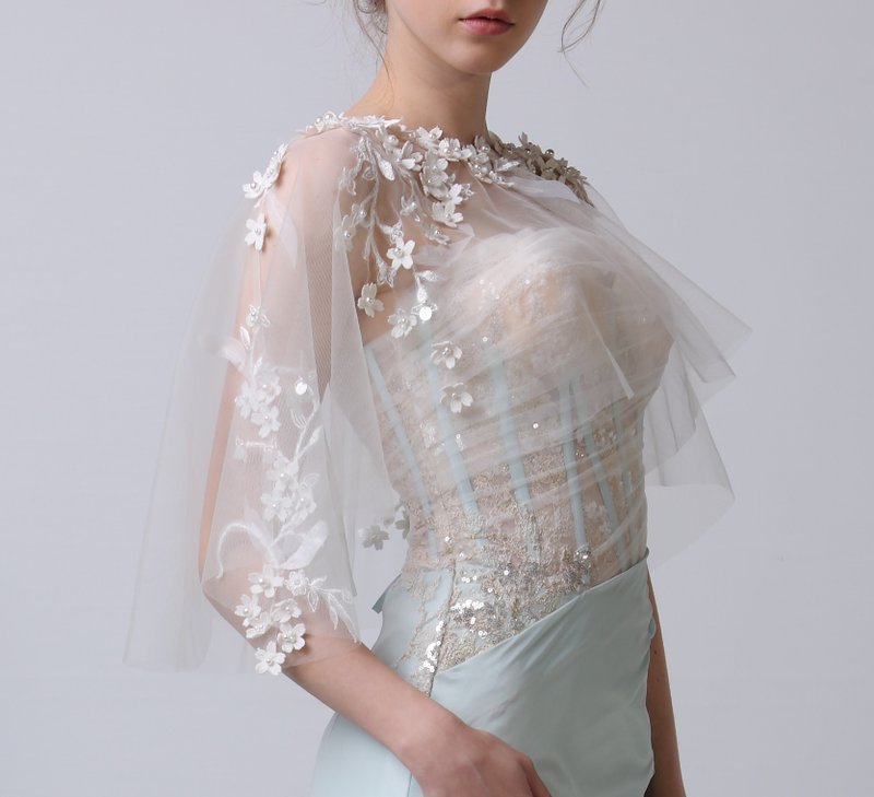 蕾絲 披肩 米色 披風 珍珠 小花 優雅 好搭配 宴會 婚紗 好搭配 - 女大衣/外套 - 聚酯纖維 白色