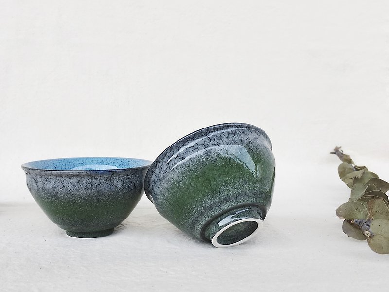 Hand-made frost glaze bowl - lake blue (one pair) - ถ้วย - เครื่องลายคราม สีน้ำเงิน