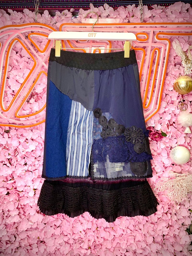 只此1件*民族風黑藍色喱士細節壓褶裙Ethnic patched Skirt - 裙子/長裙 - 棉．麻 藍色