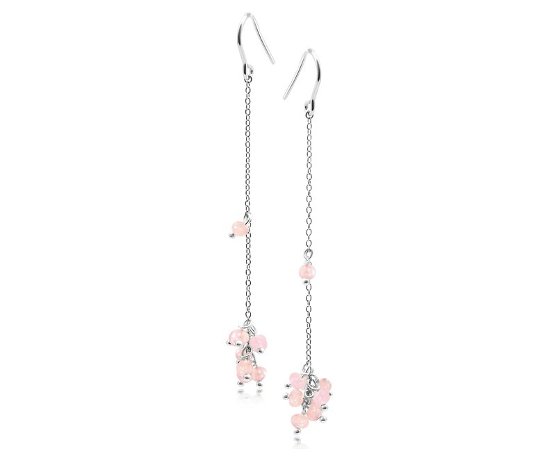 Rose quartz long chain earrings-Handmade grape dangling October birthstone hook - ต่างหู - เงินแท้ สึชมพู