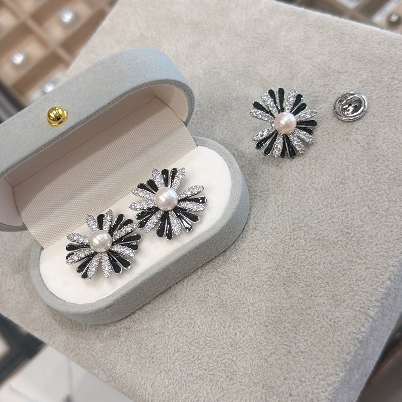 PJ日本真珠黑雛菊馬刺針胸針領帶針耳環 - 領帶/領帶夾 - 銅/黃銅 