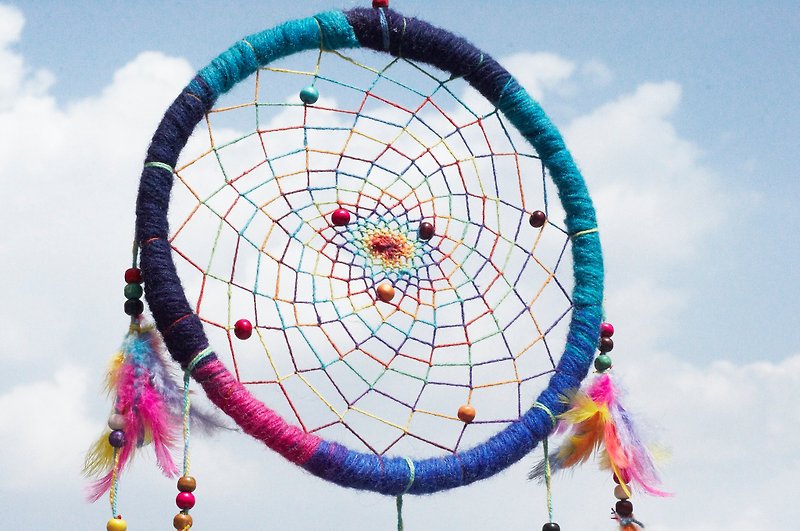 Woven cotton and linen + pure wool rainbow dream catcher charm-colorful section dyed color system 22 cm (large) - Items for Display - Wool Multicolor