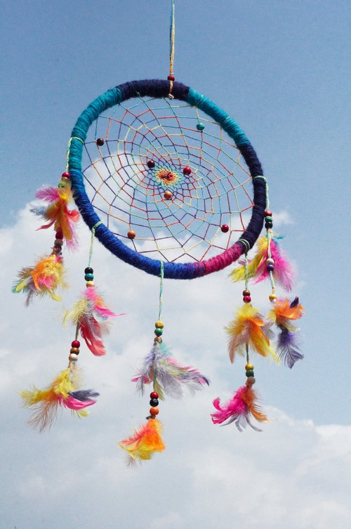 Woven cotton and linen + pure wool rainbow dream catcher charm-colorful section dyed color system 22 cm (large)