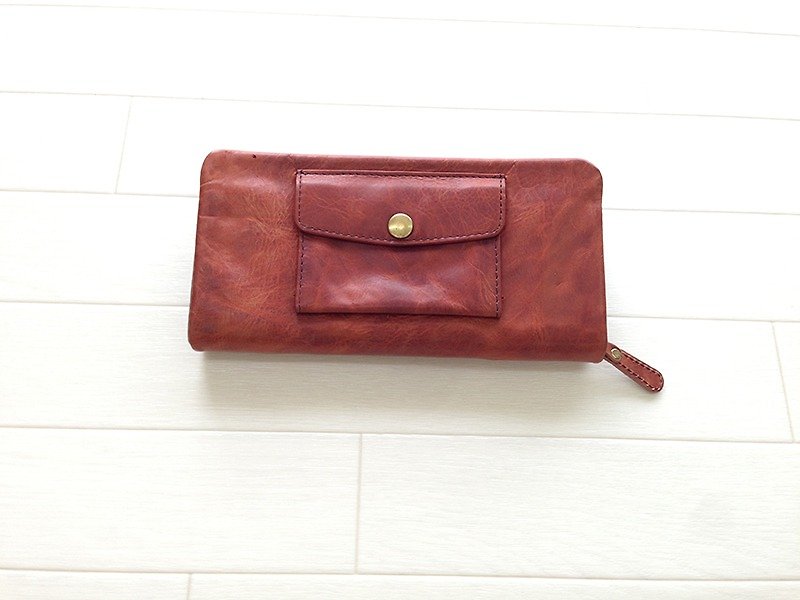 012BR Leather wallet pocket round long wallet leather wallet mouth bag leather wallet pocket round long wallet - กระเป๋าสตางค์ - หนังแท้ สีนำ้ตาล