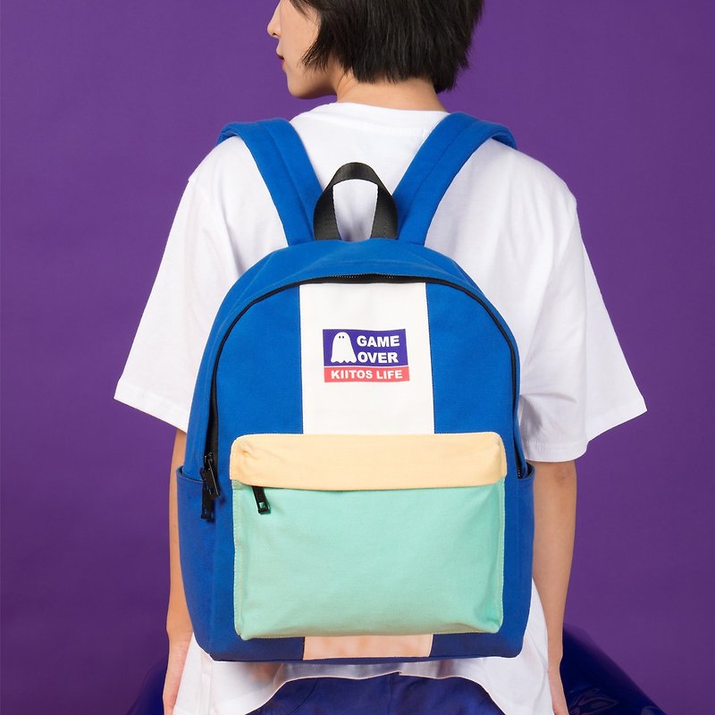 KIITOS Tokyo Love New Contrast Embroidery Print Backpack--Blue GAME OVER Backpack - กระเป๋าเป้สะพายหลัง - ผ้าฝ้าย/ผ้าลินิน สีน้ำเงิน