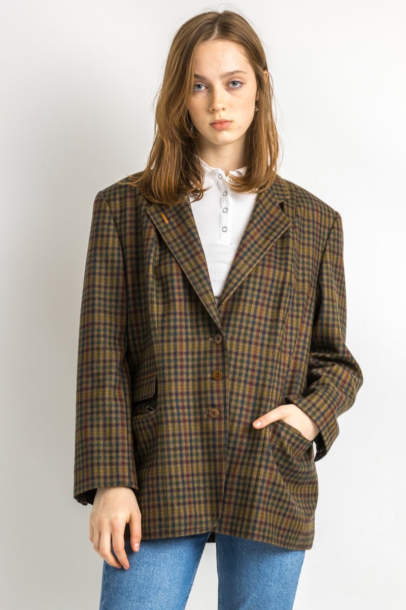 80s Vintage Vtg Rare Pure Wool Woolmark Brown Check Blazer 5890 - เสื้อสูท/เสื้อคลุมยาว - ขนแกะ สีนำ้ตาล