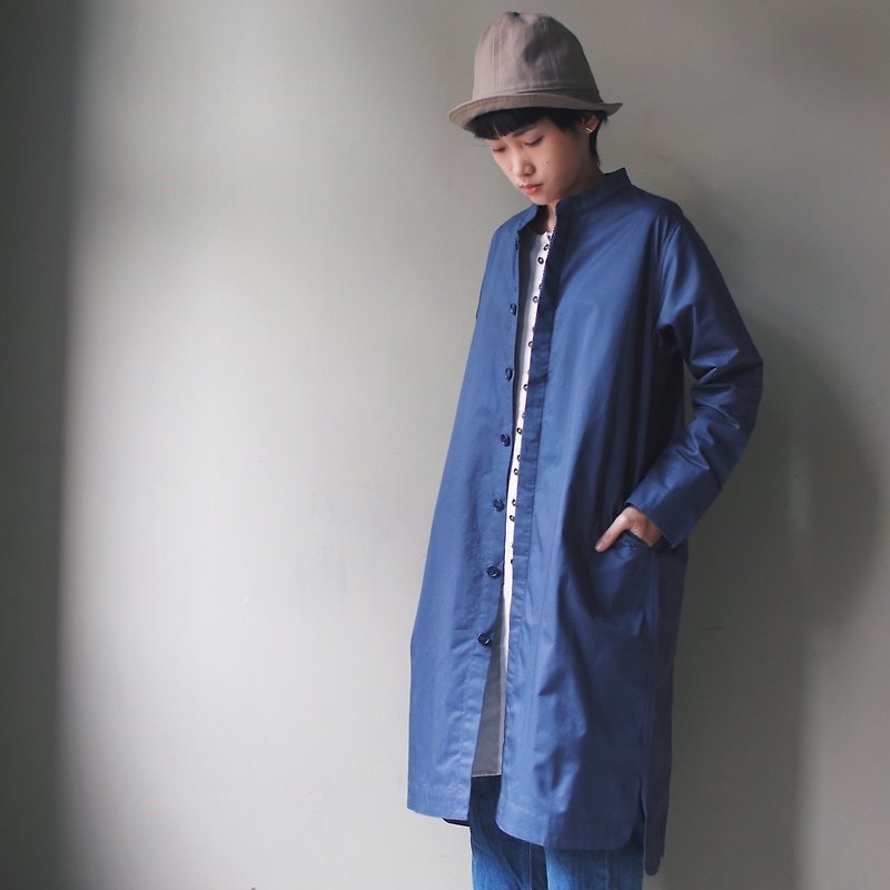 Omake  RT coat 立領長大衣（灰藍） - 外套/大衣 - 棉．麻 藍色