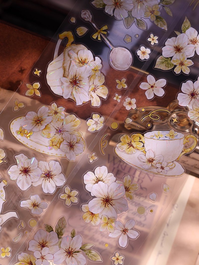 盞中花  復古清新茶盞花和紙PET貝殼光切模手帳膠帶 - 紙膠帶/和紙/PET - 紙 多色