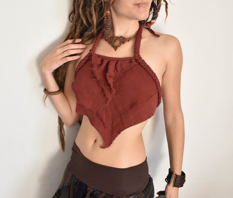 Short braided summer cotton top, backless pointy tie top - Women's Tops - Cotton & Hemp Red