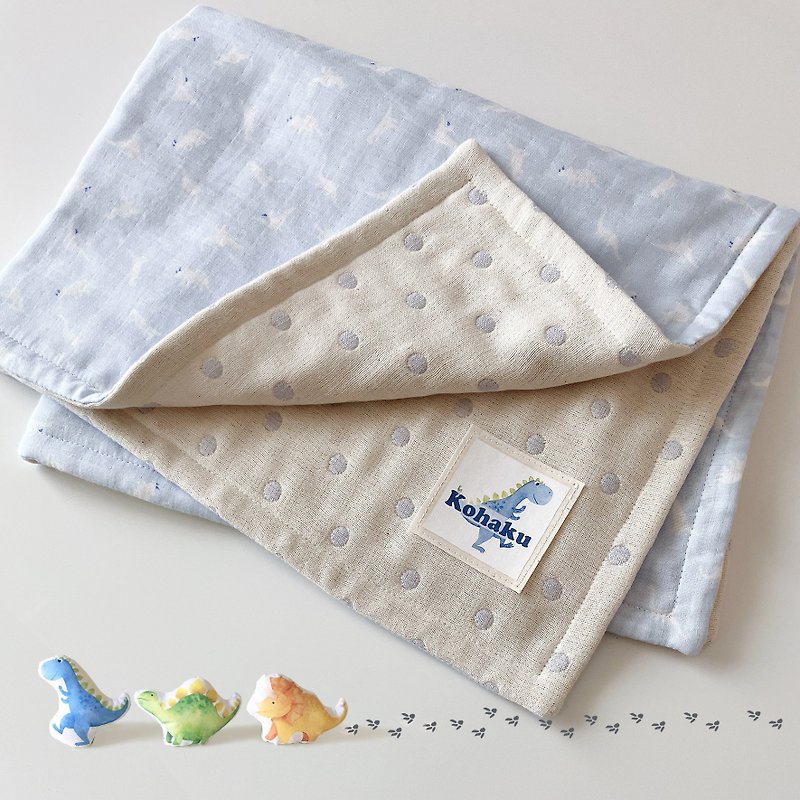 Handmade mini dinosaur baby quilt/Japanese 8-weight yarn/Japanese Mikawa kapok/customized name/moon gift box - Baby Gift Sets - Cotton & Hemp Blue
