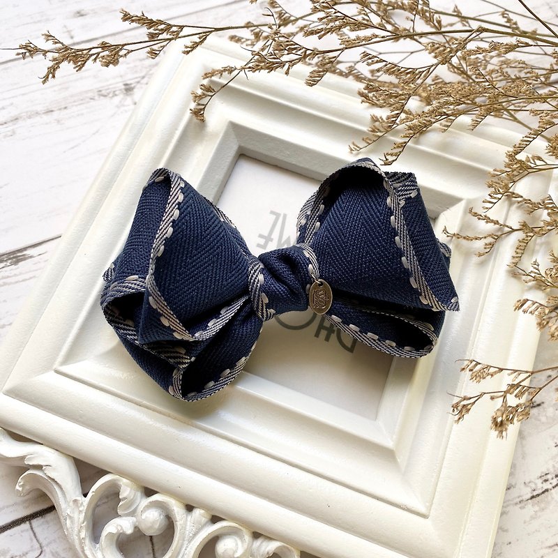 Jumper Herringbone Webbing Bow Spring Clip/Navy Blue - Hair Accessories - Other Materials Blue