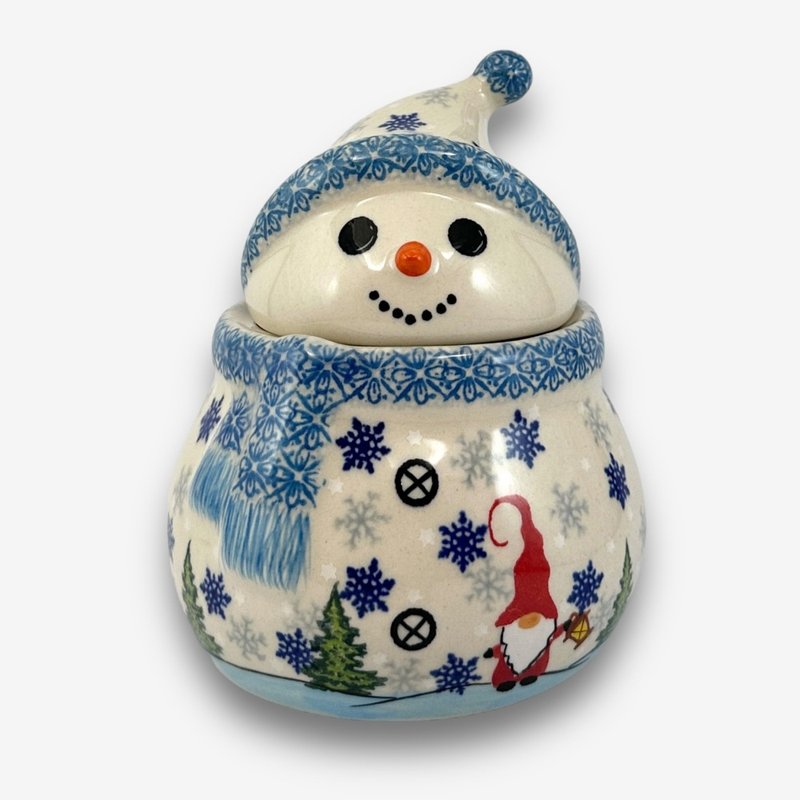 Polish hand-painted handmade pottery-Snowman storage jar (small) 15cm Snow Country Elf series designer model - กล่องเก็บของ - ดินเผา สีน้ำเงิน