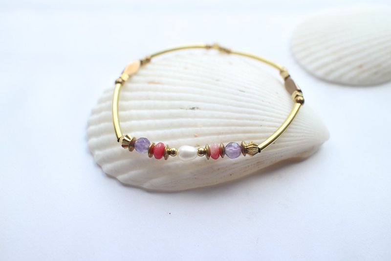 Amethyst Turquoise  Pearl Brass handmade bracelet - Bracelets - Copper & Brass Multicolor