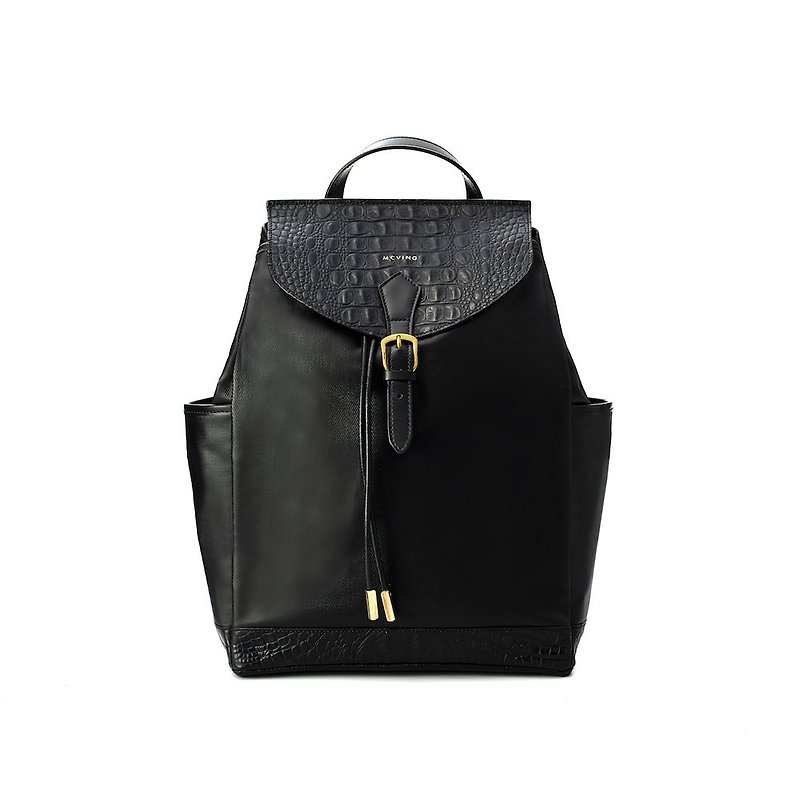 [New] Electric Royal backpack - black waterproof x black crocodile pattern leather section - กระเป๋าเป้สะพายหลัง - วัสดุกันนำ้ สีดำ