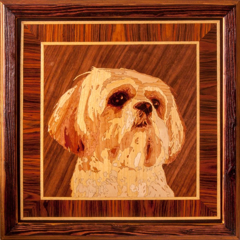 Shih Tzu dog pet portrait wood wall art decor inlay veneer panel framed mosaic - 壁貼/牆壁裝飾 - 木頭 橘色