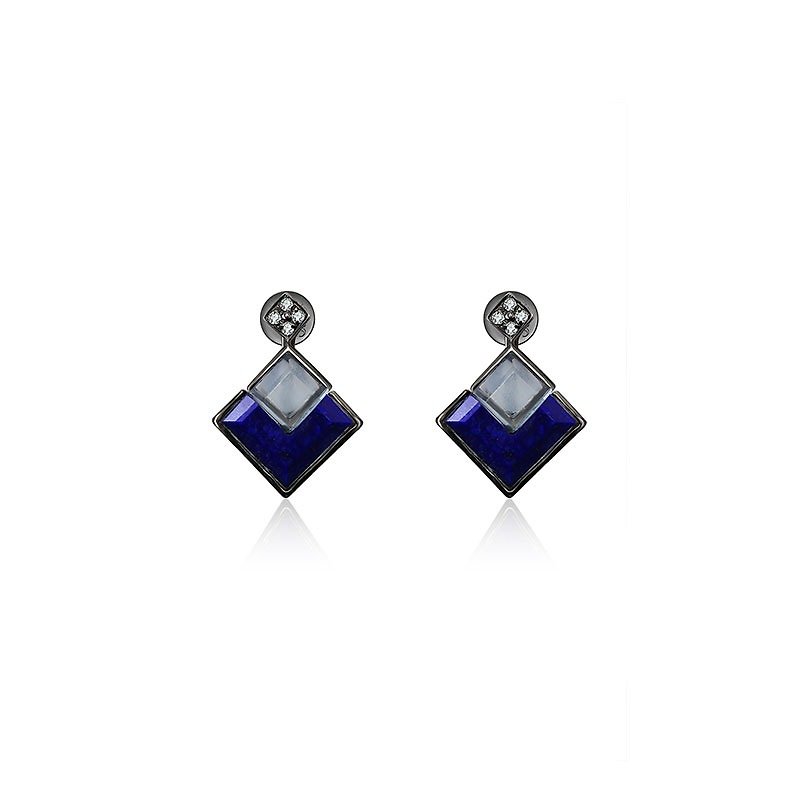 Square Shape Topaz And Lapis Diamond Earring - ต่างหู - โลหะ สีน้ำเงิน