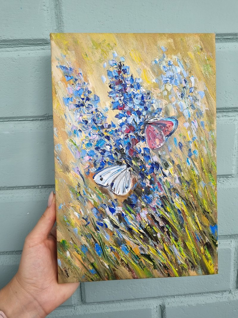 Flowers Original Art oil painting Impasto butterfly floral artwork - ตกแต่งผนัง - ผ้าฝ้าย/ผ้าลินิน 