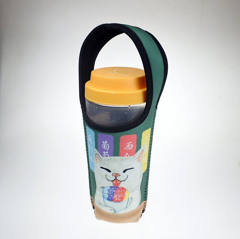 三貓小舖貓咪圖案環保飲料提袋 冰果室白喵 - 飲料提袋/杯袋/杯套 - 聚酯纖維 