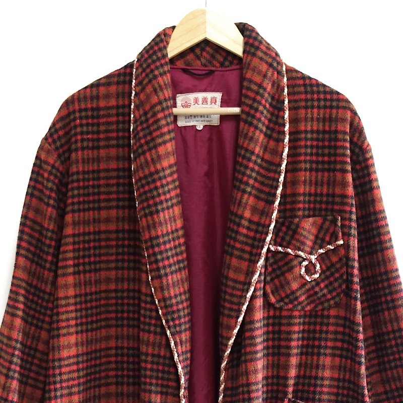 │Slowly│ checkered robe coat vintage 02│vintage. Retro. Literature - เสื้อแจ็คเก็ต - เส้นใยสังเคราะห์ สีแดง