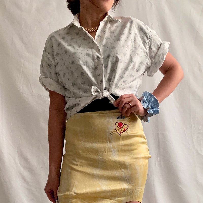 90年代  歐洲古著 義大利製藍色碎花襯衫 附贈雙色髮圈 - 女襯衫 - 棉．麻 白色