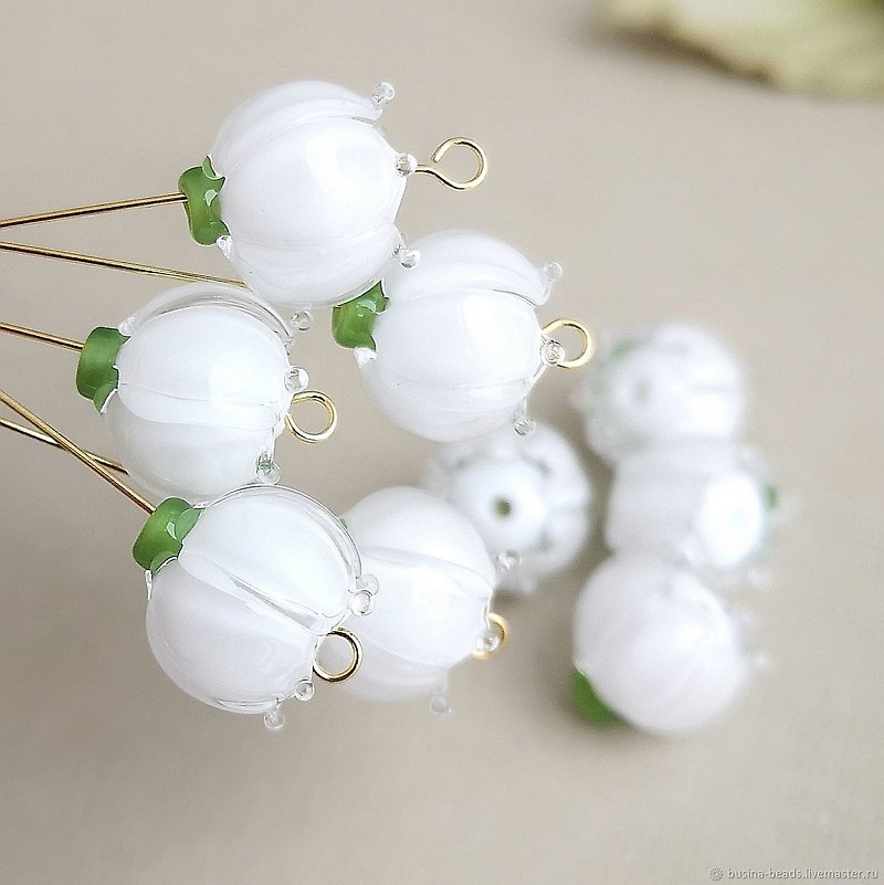 แก้ว งานเซรามิก/แก้ว ขาว - Lily of the valley Glass Flower Bead, 1 pc Handmade Lampwork Glass Beads, Glass