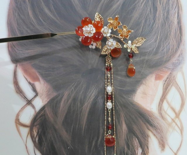 レモン ハンドメイド ヘアアクセサリー オレンジ 赤瑪瑙ブロンズの花