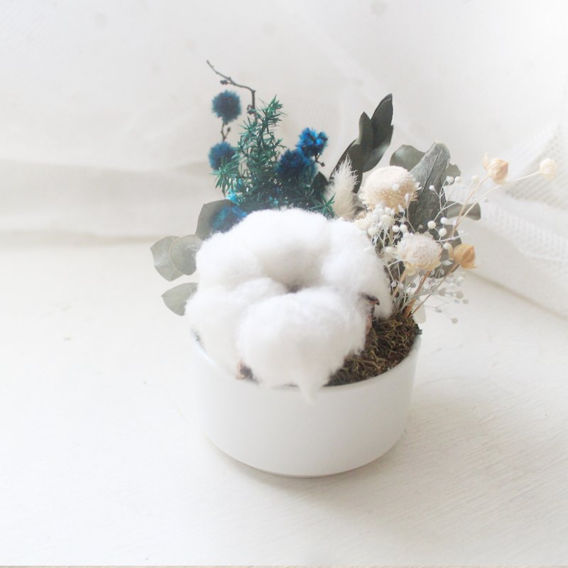 Green Forest Mini Table Flower, White Cotton and Cedar Christmas Flower Gift - ช่อดอกไม้แห้ง - พืช/ดอกไม้ สีเขียว