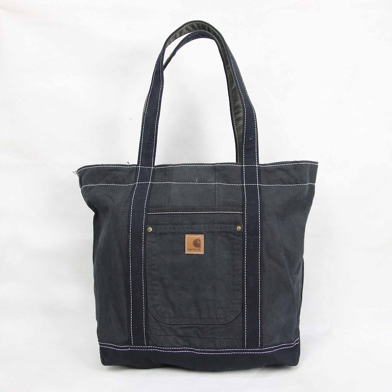 Tsubasa.Y vintage house Carhartt012 black rework canvas bag, shoulder bag - กระเป๋าถือ - ผ้าฝ้าย/ผ้าลินิน สีดำ