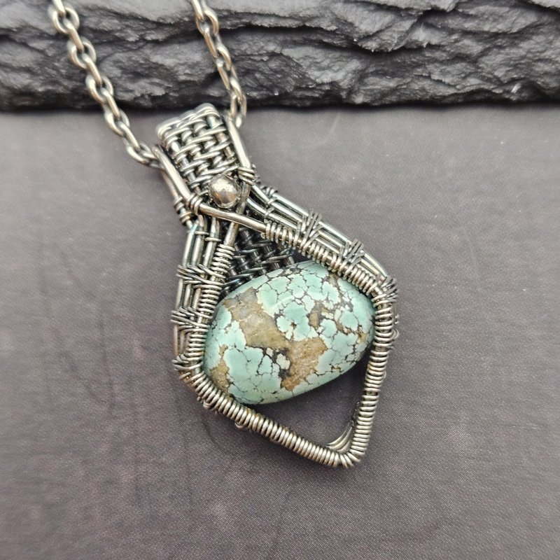 Turquoise Wire Wrapped Pendant , Silver , Oxidized - สร้อยคอ - เงินแท้ สีเขียว