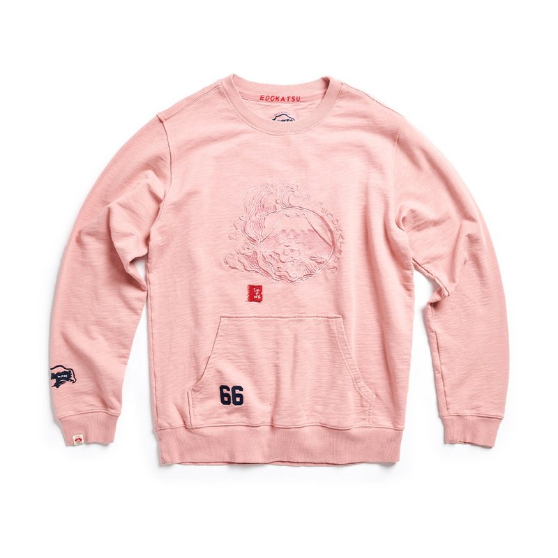 Edo Katsuri Fuji Wave Printed Long-sleeved Casual Sweater-Men's (Pink) #衣衣 - เสื้อฮู้ด - ผ้าฝ้าย/ผ้าลินิน สึชมพู