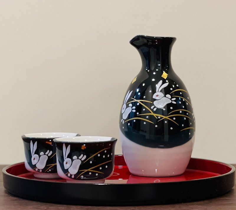 Kutani Ware-Jade Rabbit (with lacquerware tray) - Bar Glasses & Drinkware - Porcelain Black