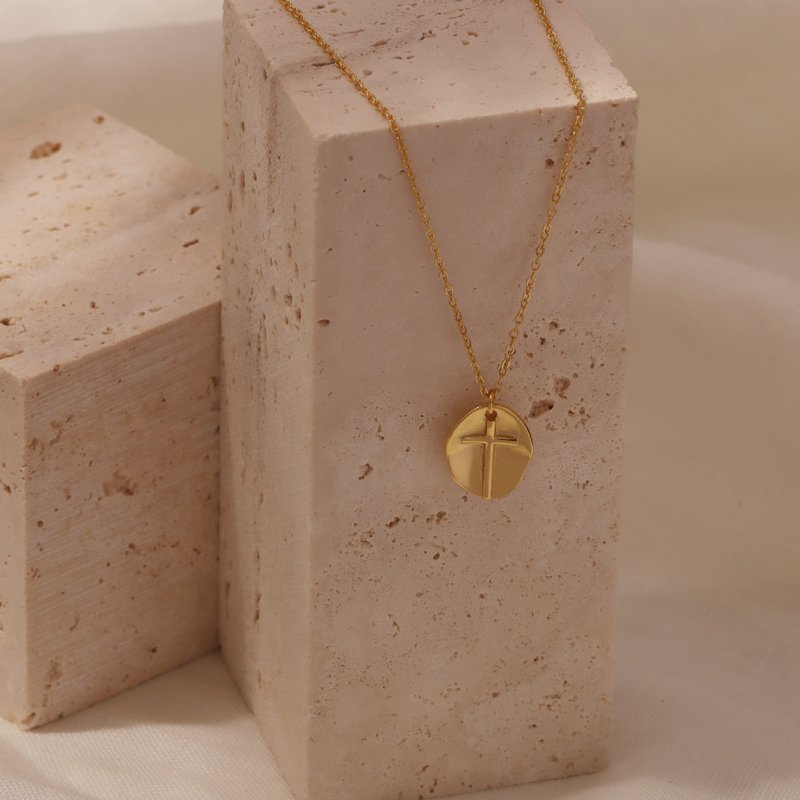 Religious Necklace,Cross Medallion Necklace,Gold Cross Disc Necklace For Women, - สร้อยคอ - เงิน สีทอง