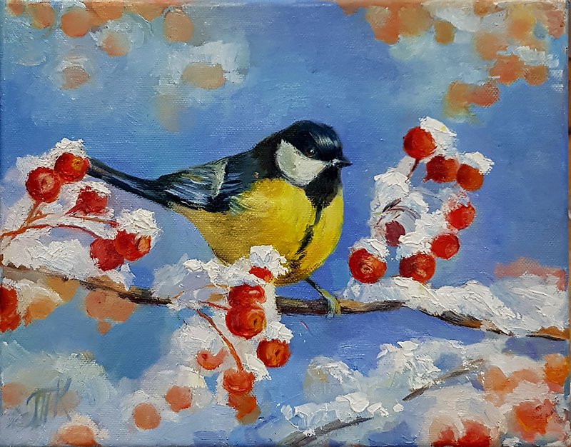 Bird Oil Painting Chickadee Original artwork Canvas Art Hanging pictures - Posters - Other Materials Blue