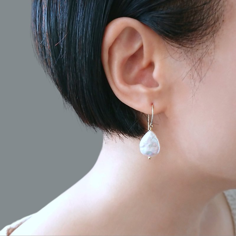 New - Baroque Freshwater Pearl Flat Teardrop 14Kgf Hook Earrings - Earrings & Clip-ons - Pearl White