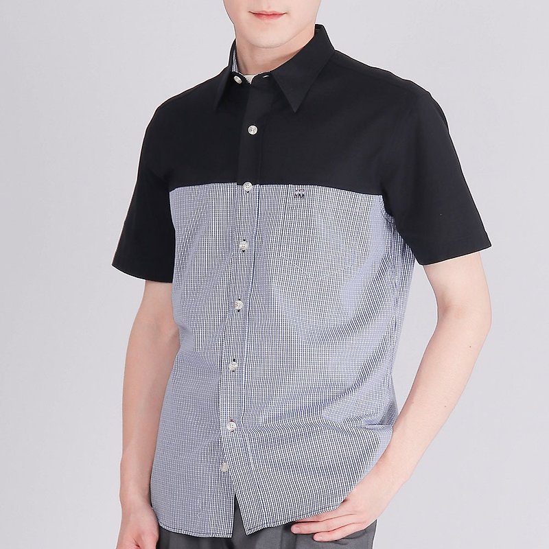 [Boyfriend Gift/Free Shipping] Double Mercerized Cotton Plaid Stitching Short Sleeve Men's Shirt│Dark Blue - เสื้อเชิ้ตผู้ชาย - ผ้าฝ้าย/ผ้าลินิน สีดำ