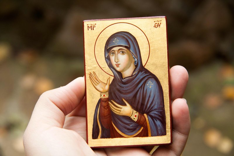 hand painted orthodox christian Virgin Mary icon, miniature religious painting - 其他 - 環保材質 金色