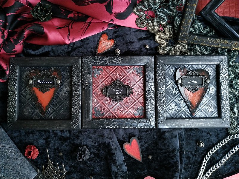 Gothic wedding day gift of three wooden frames with names and date - Picture Frames - Wood Black