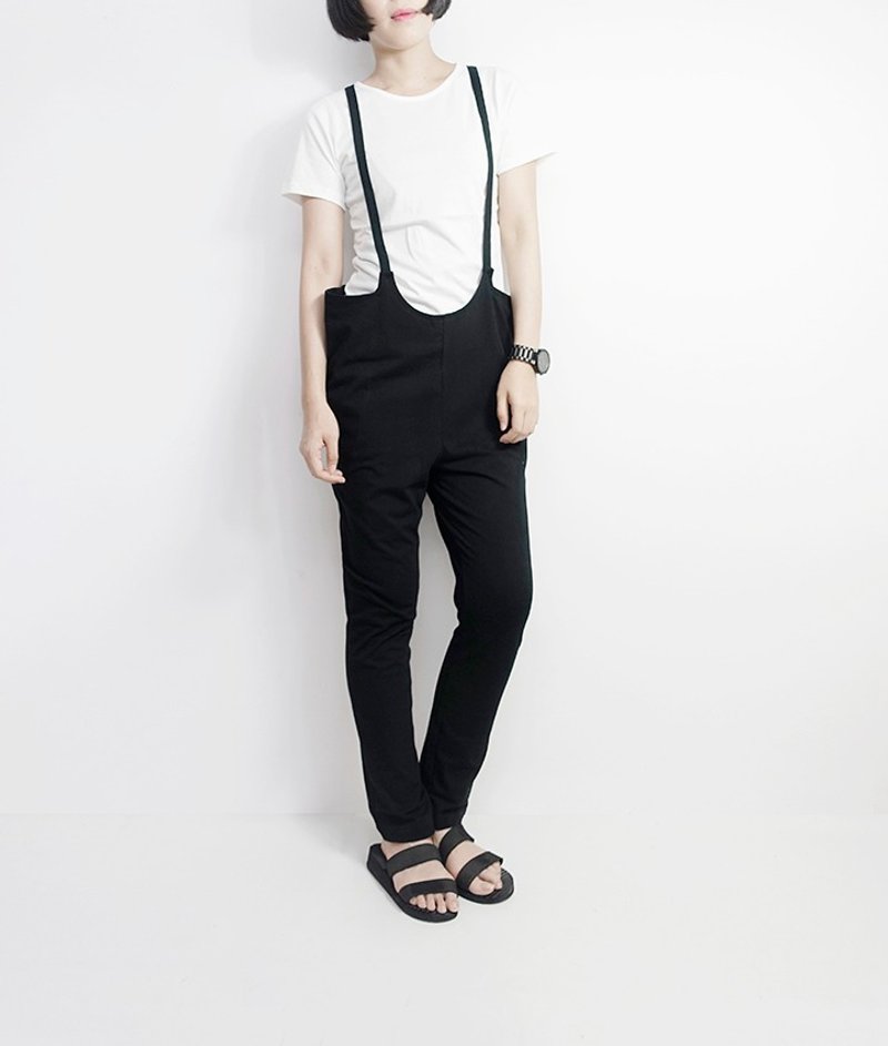 I . A . N Design 黑色有機棉吊帶褲  Organic Cotton - 女長褲 - 棉．麻 黑色