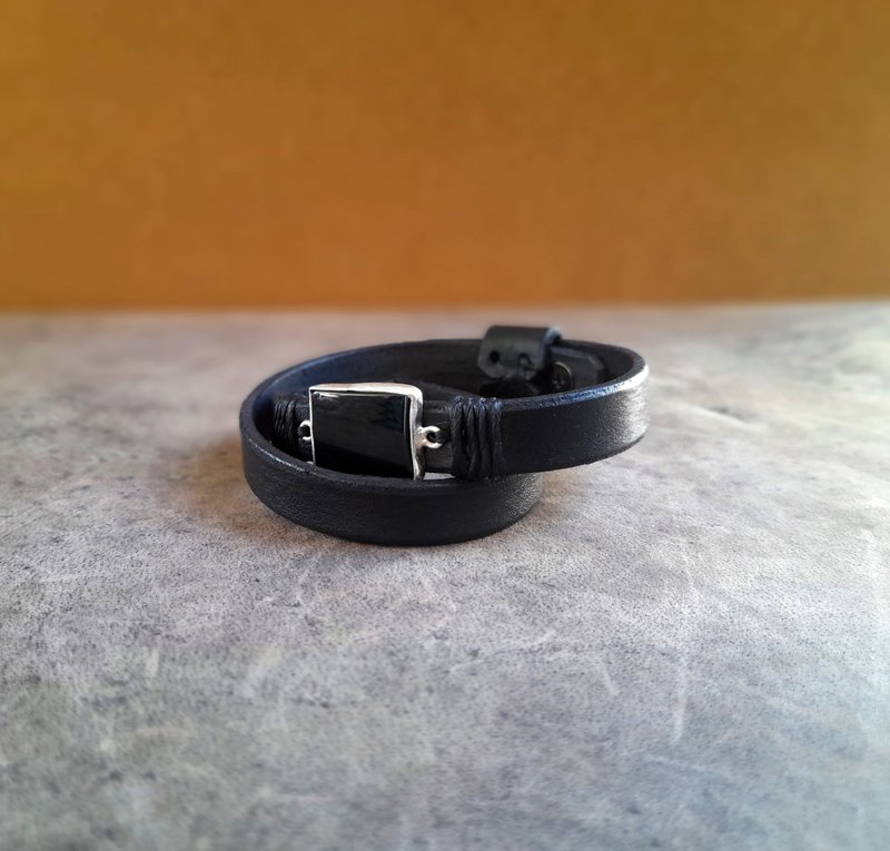 Sterling Silver Black Obsidian Black Leather Wrap Bracelet, Sleek Men Bracelet - สร้อยข้อมือ - เงินแท้ สีดำ