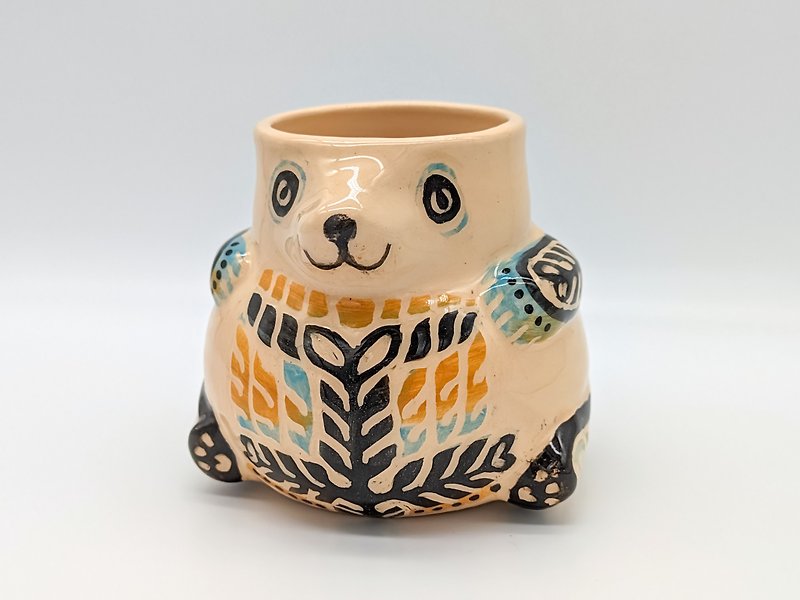 Ceramic Mug Cute Bear 17 oz, Pottery handmade, Bear sculpture decor, No handle - Mugs - Pottery Multicolor