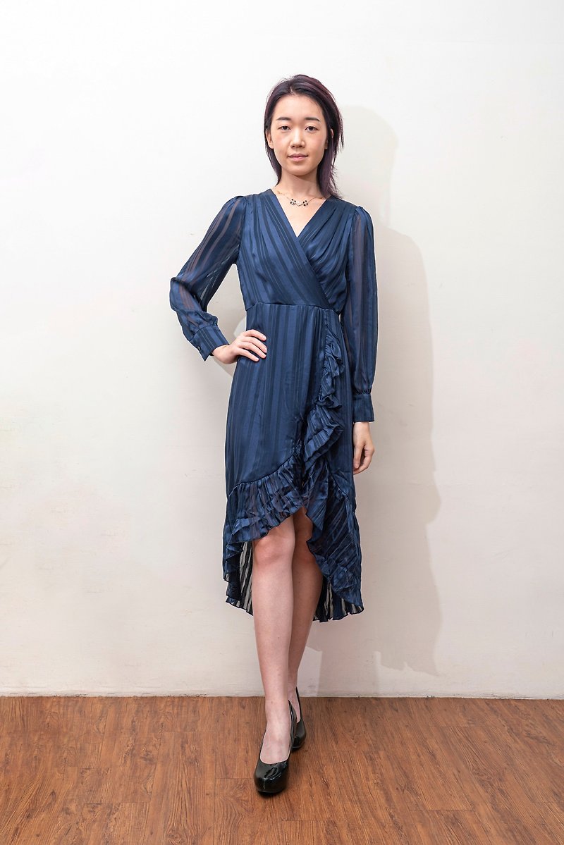 High-quality deep-sea blue fishtail dress - ชุดเดรส - ผ้าฝ้าย/ผ้าลินิน สีน้ำเงิน