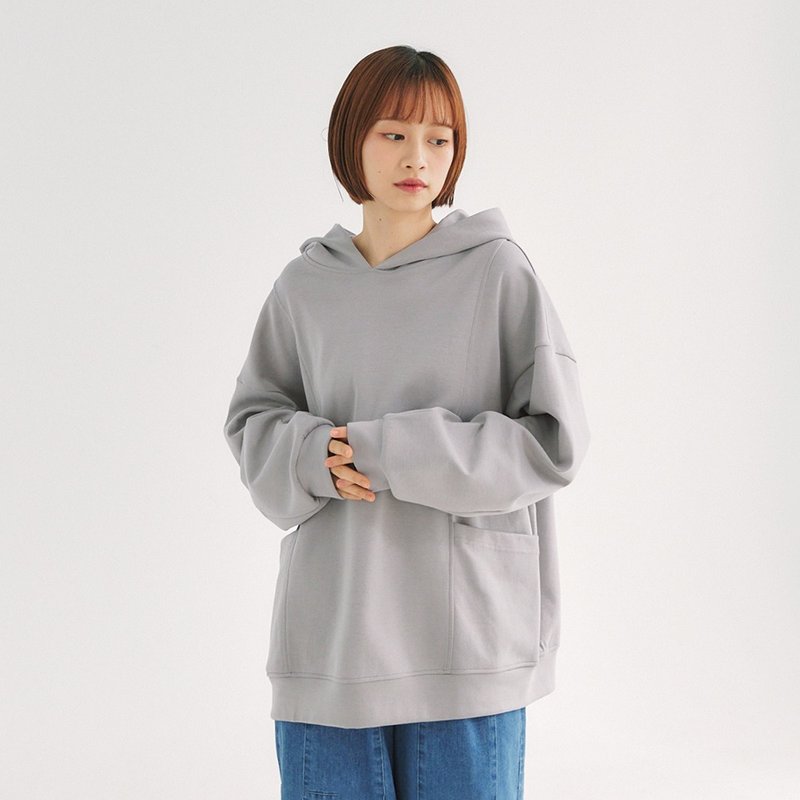 【Simply Yours】Big Pocket Loose Hat T Gray F - เสื้อฮู้ด - ผ้าฝ้าย/ผ้าลินิน สีเทา