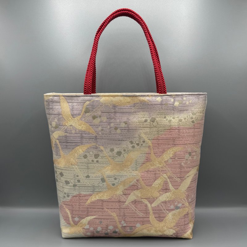 着物 帯 帯締め ハンドメイド トートバッグ リメイク ゴールド ピンク 鶴 - 手提包/手提袋 - 絲．絹 金色