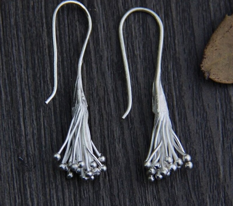 Real S 925 Sterling Silver Women Exotic Tassels Designer Dangle Earrings - ต่างหู - เงินแท้ สีเงิน