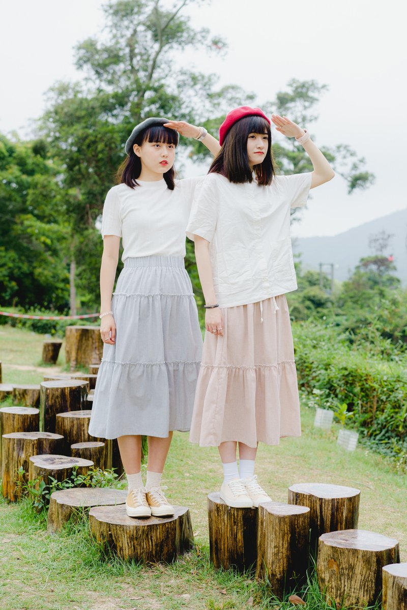 //格子布捲邊半身裙// - 裙子/長裙 - 其他材質 多色