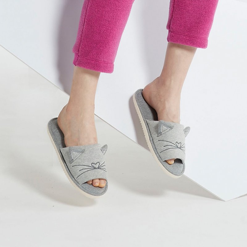 Cat three-dimensional shape open slippers - รองเท้าแตะในบ้าน - ผ้าฝ้าย/ผ้าลินิน สีเทา
