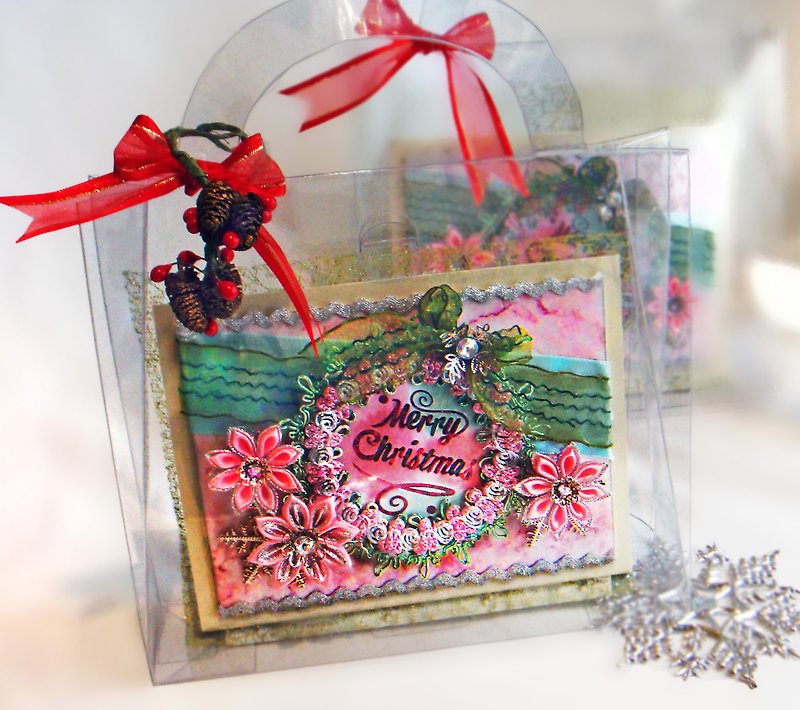 聖誕花圈 永生花卡片 手工卡片 禮盒 (聖誕卡、萬用卡) - 卡片/明信片 - 植物．花 紅色