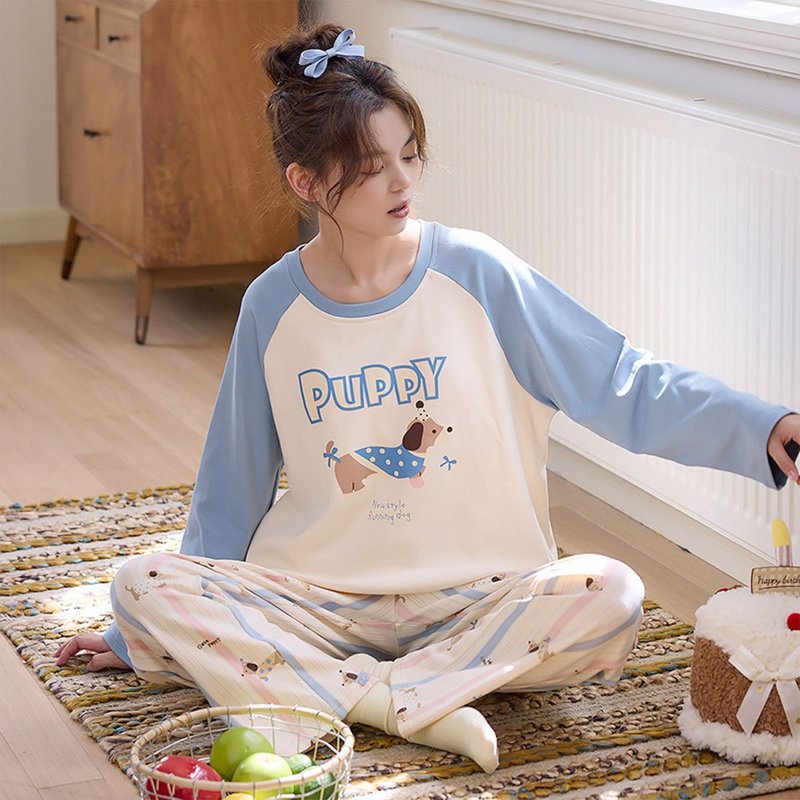 Pink Lady 罩杯式 條紋臘腸狗 長袖成套睡衣棉質秋冬兩件式居家服 - 睡衣/居家服 - 其他人造纖維 藍色