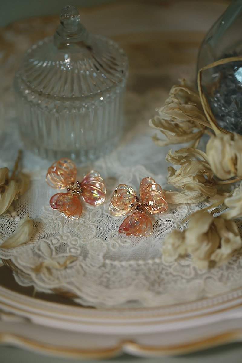 Sunny sunset crystal flower resin flower earrings can be changed to ear acupuncture ear clip - ต่างหู - เรซิน สีส้ม