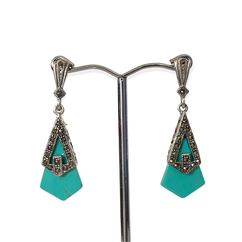 Art Deco Style Turquoise with Marcasite Drop Earrings / Set 925 Sterling Silver - 耳環/耳夾/耳骨夾 - 純銀 綠色
